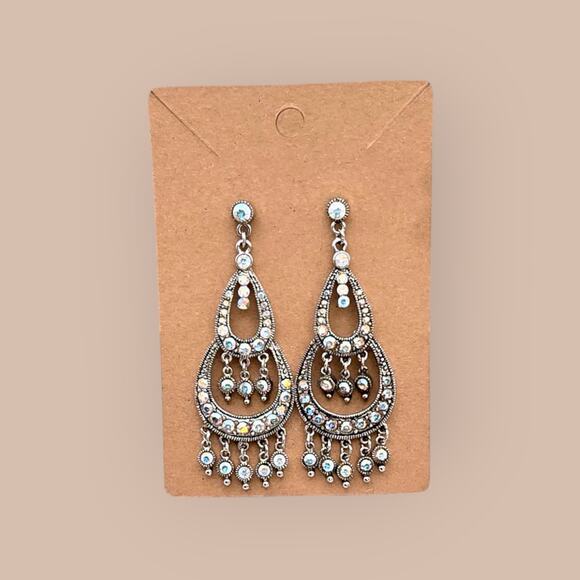 Iridescent Rhinestone Chandelier Earrings – Silver Drop Dangle - Picture 3 of 7